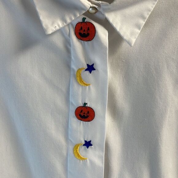Ladies Button Down Halloween Long Sleeve Blouse with Pumpkins and Moons - Picture 3 of 6